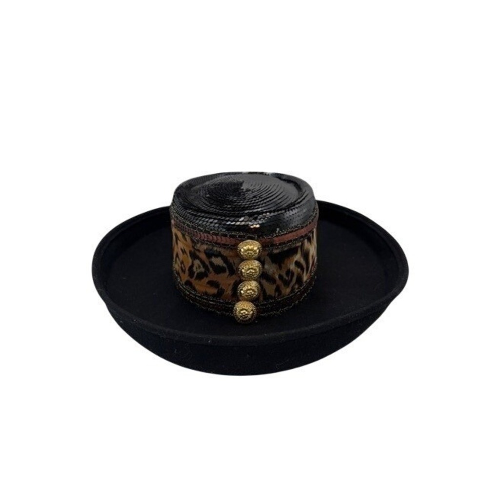 Whittall & Shon Vintage Black Wool Leopard Sequin Gold Button Bollman Hat EUC